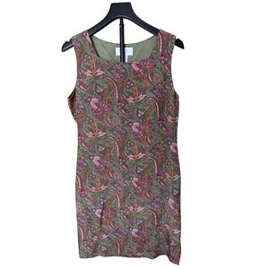 Casual Corner Annex Petite Silk Dress 10 Olive‎ Green Paisley Floral Shift 90s